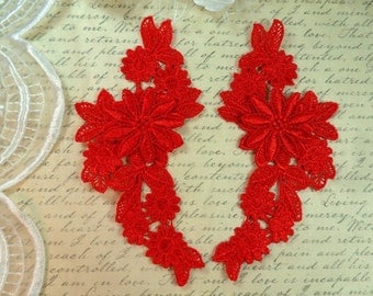 Embroidered Appliques Red Mirror Pair Floral 3D Flowers 7" (GB434X-rd)