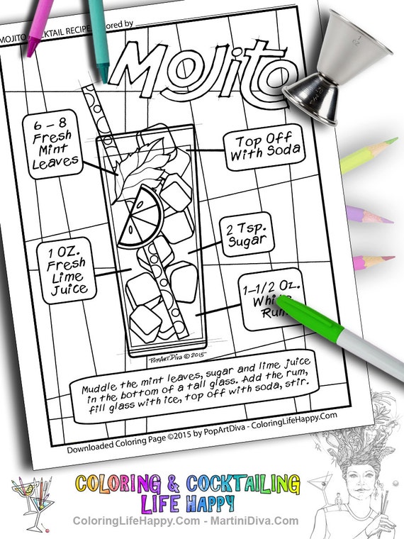 Items similar to Adult COLORING PAGE of a Rum Mojito Cocktail with