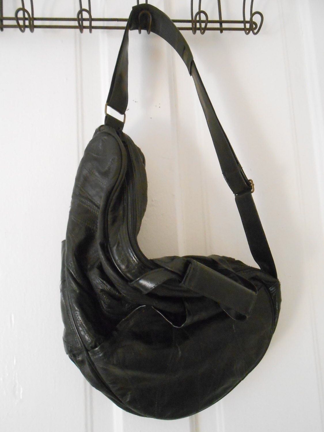 Black Leather Kidney Shaped Bag with Strap Handles by hollister54