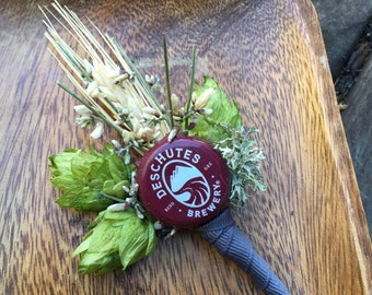 Hops, wheat and bottlecap boutonniere