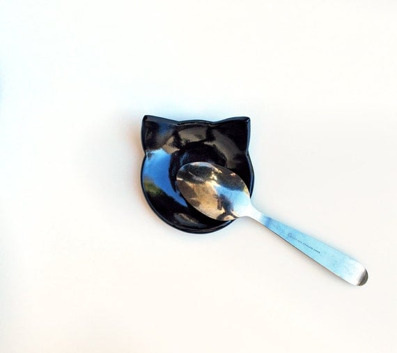 Cat Spoon Rest Metallic Black Ceramic Pottery Jewelry