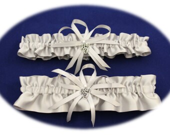 Silver/Grey Satin Wedding Garter Set with Dragon Charms, Dragon Garter Set, Bridal Garter Set