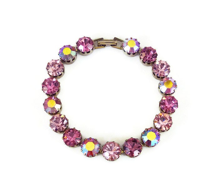 Pink Rhinestone Bracelet Aurora Borealis Gold by zephyrvintage