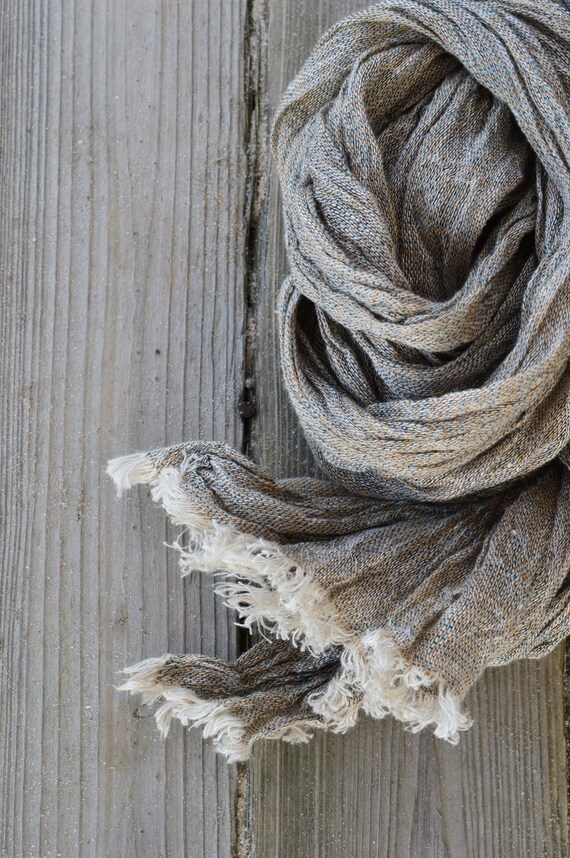 Linen scarf, organic scarf, wool scarf, men scarf, striped scarf, womens scarf, brown scarf, spring scarf, woolen scarf