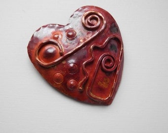 Solid Copper Heart Pendant Hand Crafted Red Patina 48mm