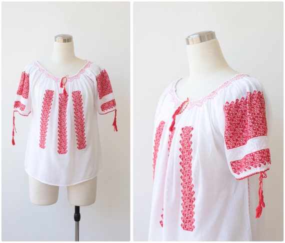 1970s Vintage Romanian Peasant Blouse Embroidered Boho Top