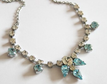 Vintage light blue crystal necklace. Blue rhinestone necklace
