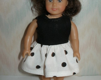 Dress for 6 1/2 inch dolls -- white and black dot print