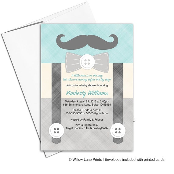 Little man baby shower invitation for boys  suspenders and mustache 