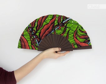 Wooden hand held fan with case - Vegetal print modern ethnic accessory - Mojisola by Olele - hand fan eventail abanico faecher