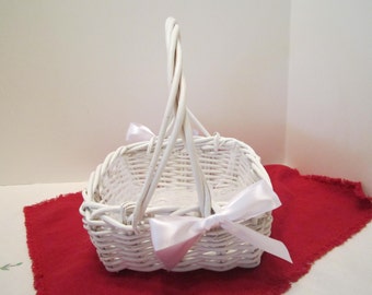 Flower Girl Basket - White Wicker Basket - Dressed Up and Wedding Ready