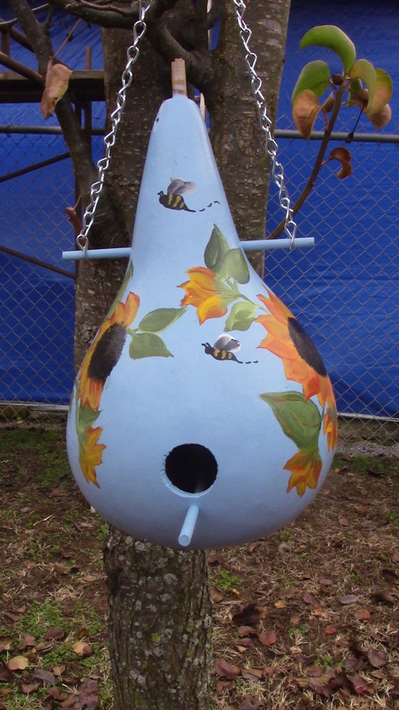 Baby Blue  Sky and Bright Sunflowers Gourd Birdhouse