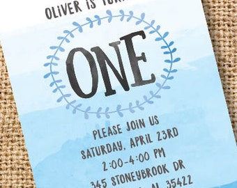 First Birthday Invitation Boy 1st Birthday Invite Blue Ombre One Baby Boy Blue Watercolor Twin Boys First Birthday Nautical Printable Invite