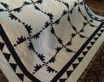 Quilt Kansas Trouble Navy Blue and White Queen Ready to Ship