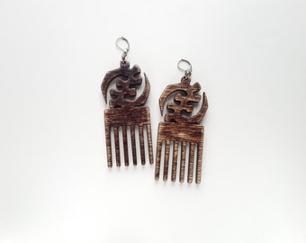 SALE.Ready to Ship//Gye Nyame Duafe Adinkra wood Afro comb earrings