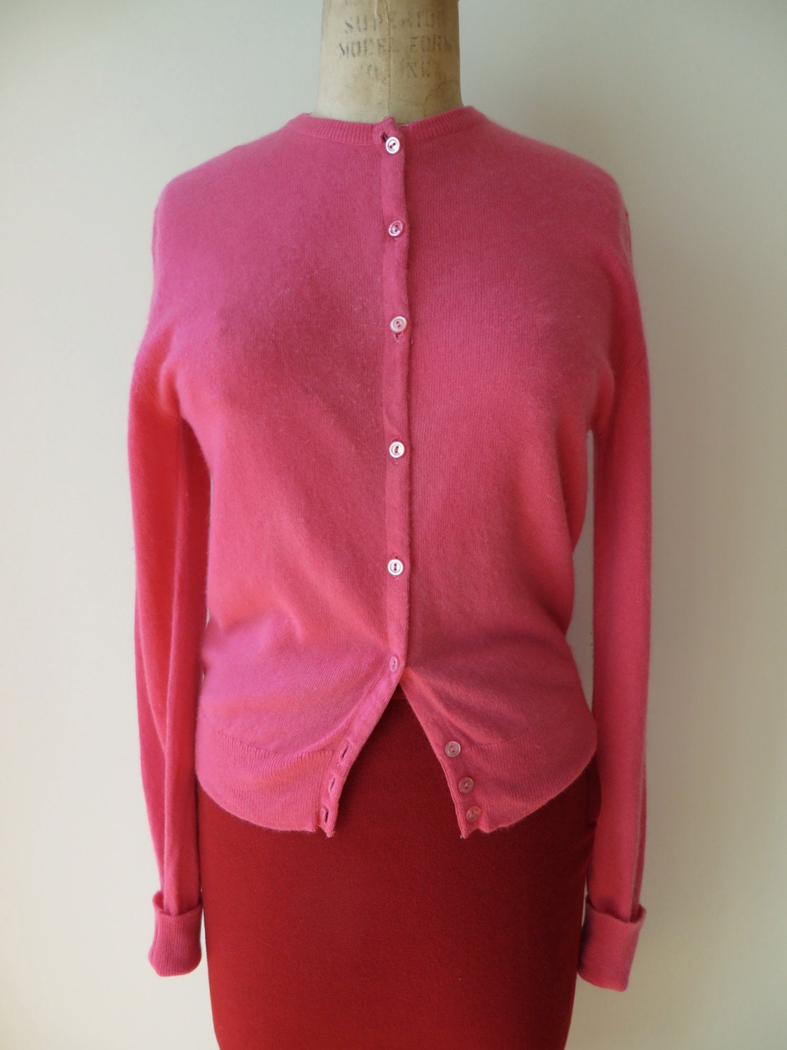 Vintage 1950's/Pink Cashmere Cardigan/Hot Pink Cashmere