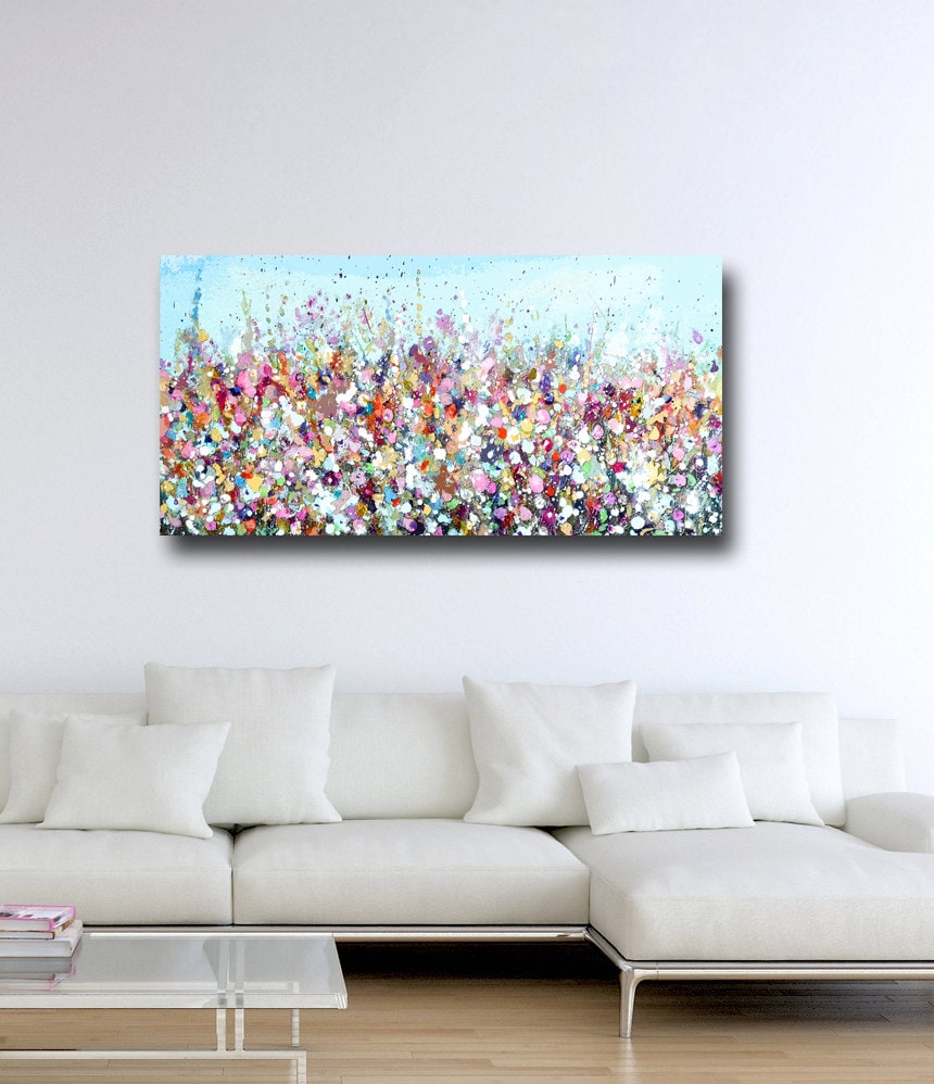 Large Panoramic Canvas Art Floral Wall Art Pink and Blue