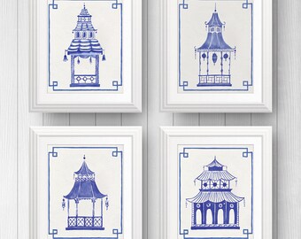 Preppy Art, Blue Pagodas, Blue and White Decor, Pagoda Painting, Chinoiserie Art, Chinese Lantern, Asian Pagoda Art, Palm Beach Style