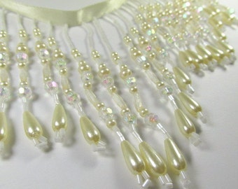 Beaded Fringe Trim in Ivory Pearl and White AB 4.75 inch long Lamp or Bridal Decorator Trim by the yard or meter