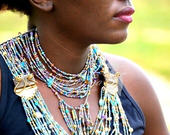 African Blue Masai Beaded Necklace,Multi-Stranded Sea Blue Masai necklace,Elegant Afrocentric Statement Necklace