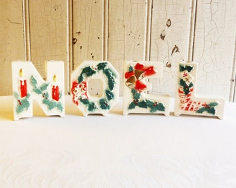 NOEL Candle Holder Set, Lipper and Mann - White NOEL Letters - Kitschy Christmas - Mid-Century 1950s - Kitschmas, 1950s Christmas Decoration