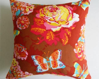 CLEARANCE Brown and Pink Floral Pillow Cover - Bright Colorful Boho Cushion - Cottage Chic Decor