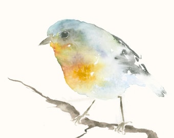 Original Watercolor Painting Blue and Orange Bird