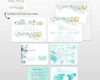 Pacific Islands Oceania - Fiji Destination wedding invitation Fiji Tahiti Samoa Solomon Tonga illustrated wedding invitation Deposit Payment