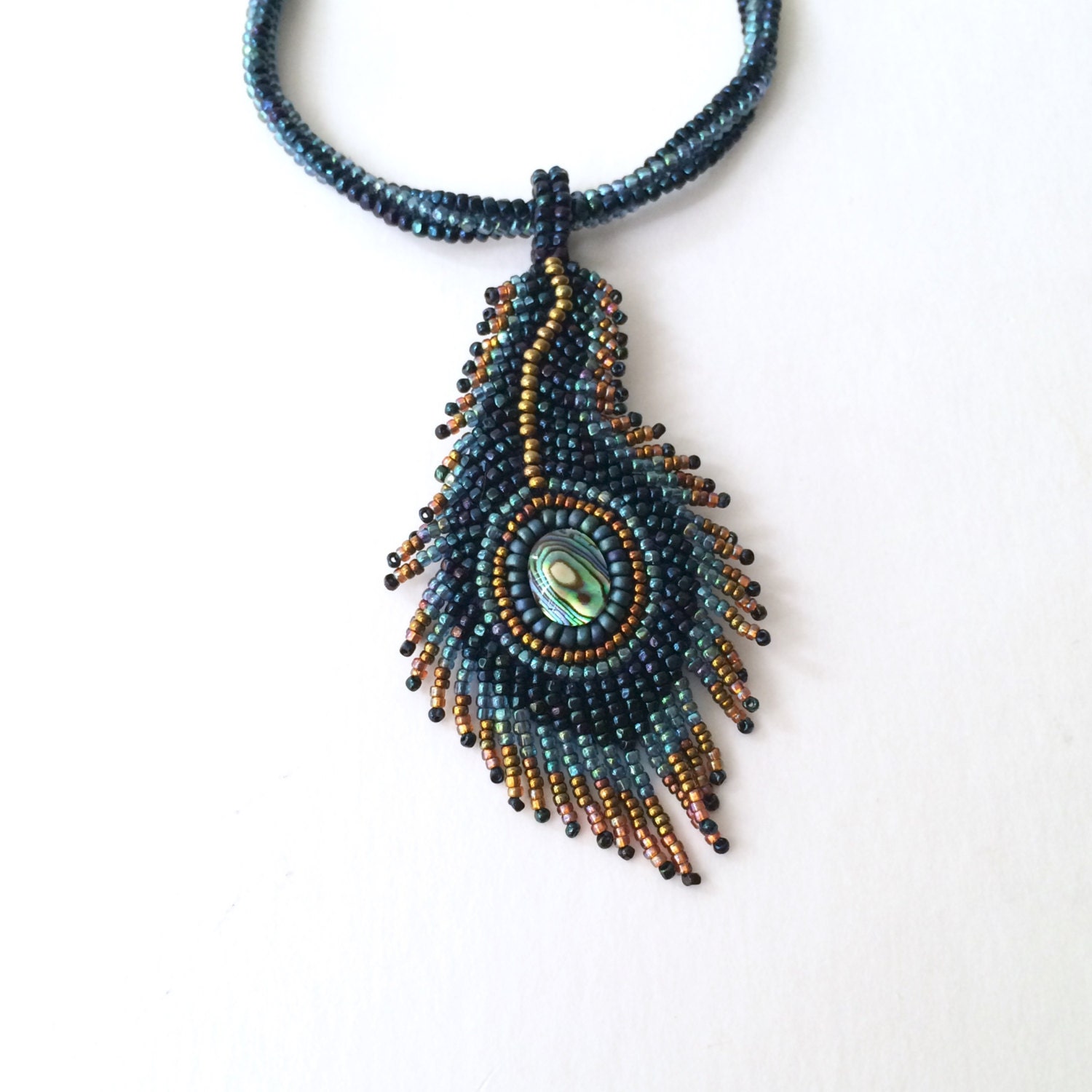 Peacock feather bead embroidery necklace with paua cabochon