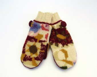Wool Sweater Mittens Fleece Lined Abstract Multi Colored Floral Felted Wool Mittens