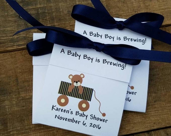 Teddy in Wagon Baby Shower Sprinkle Tea Party Favors Tetley Tea 1st Birthday Favors A Baby Boy is Brewing custom color theme