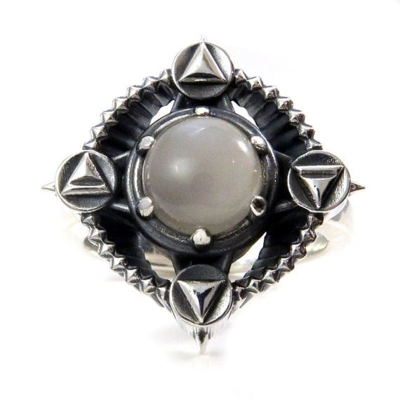Black silver ring - Sterling Silver and Rainbow Moonstone Cocktail Ring