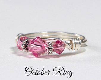 October Birthstone Ring: Handmade Sterling Silver October Birthstone Ring made with Rose Swarovski Crystals. Birthday & Christmas gift