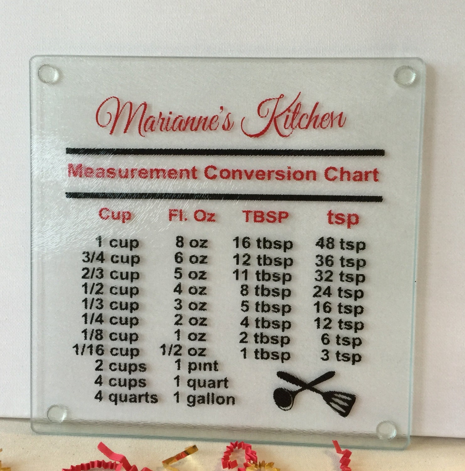 Custom Glass Cutting Board with Measurement Conversion Chart
