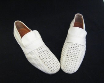 70s Leather Shoes White Leather Loafers 1970s White Slip Ons Mens White Shoes White Loafers White Woven Leather Shoes Made in Italy
