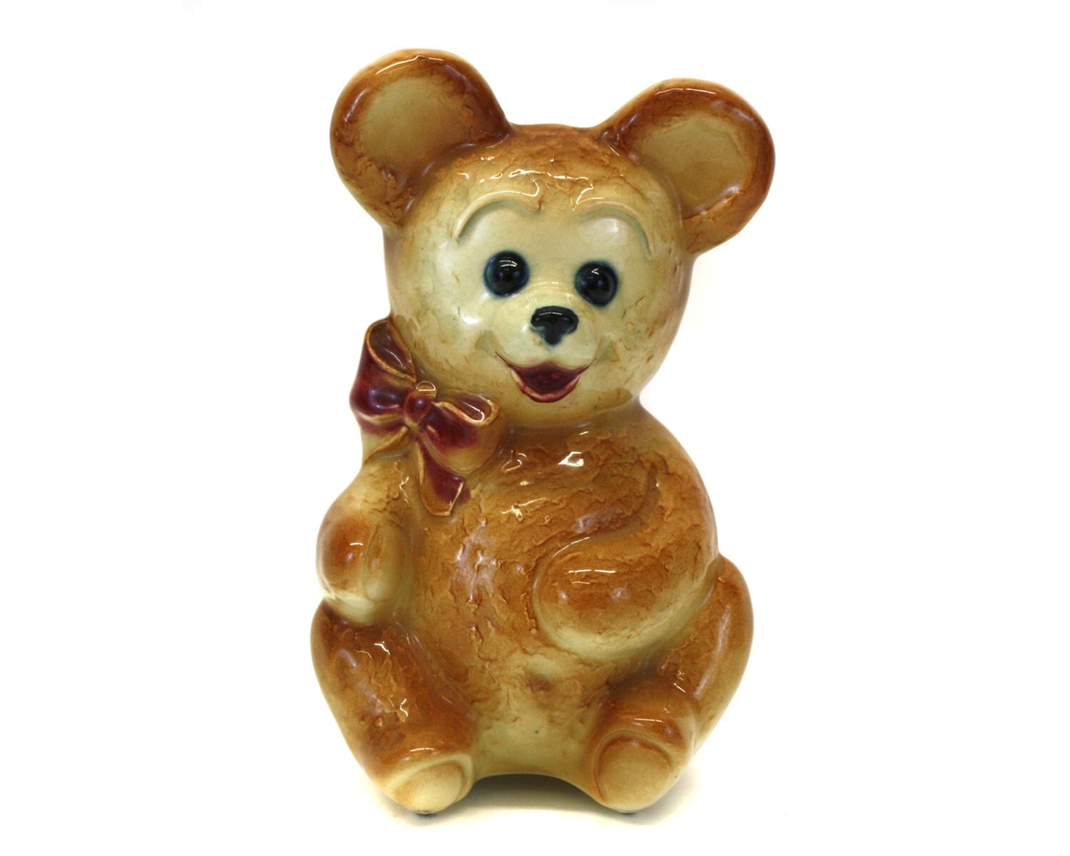 Vintage Cute Teddy Bear with Red Bow Pottery Planter E646