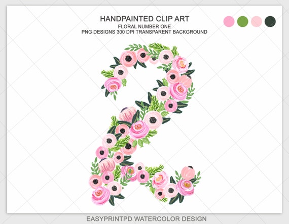 floral numbers handpainted watercolor clipart number two