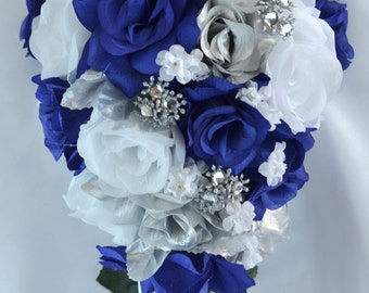 17 Piece Package Wedding Cascade Bouquet Bride Silk Flowers Bridal Bouquets Decorations Teardrop Navy BLUE SILVER "Lily of Angeles" BLSI01