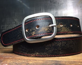 Leather Belt - Red Stitched Vintage Aged Leather Belt - Leather Snap Belt - Distressed Belt - Handmade in USA