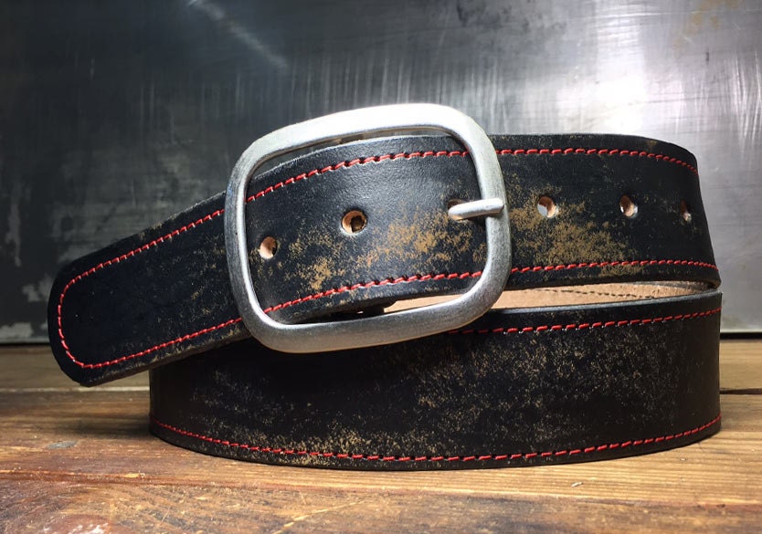 Leather Belt Red Stitched Vintage Aged Leather Belt