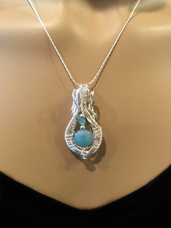 Blue Chalcedony and Sterling Pendant Necklace Handmade in