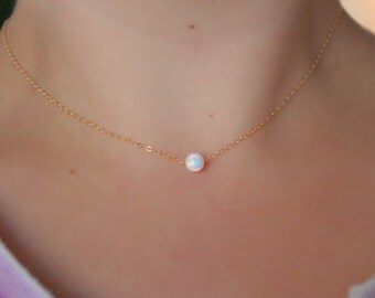 OPAL BEAD NECKLAE - October jewelry - opal necklace - tiny opal necklace - dainty opal necklace - dot necklace - floating opal necklace