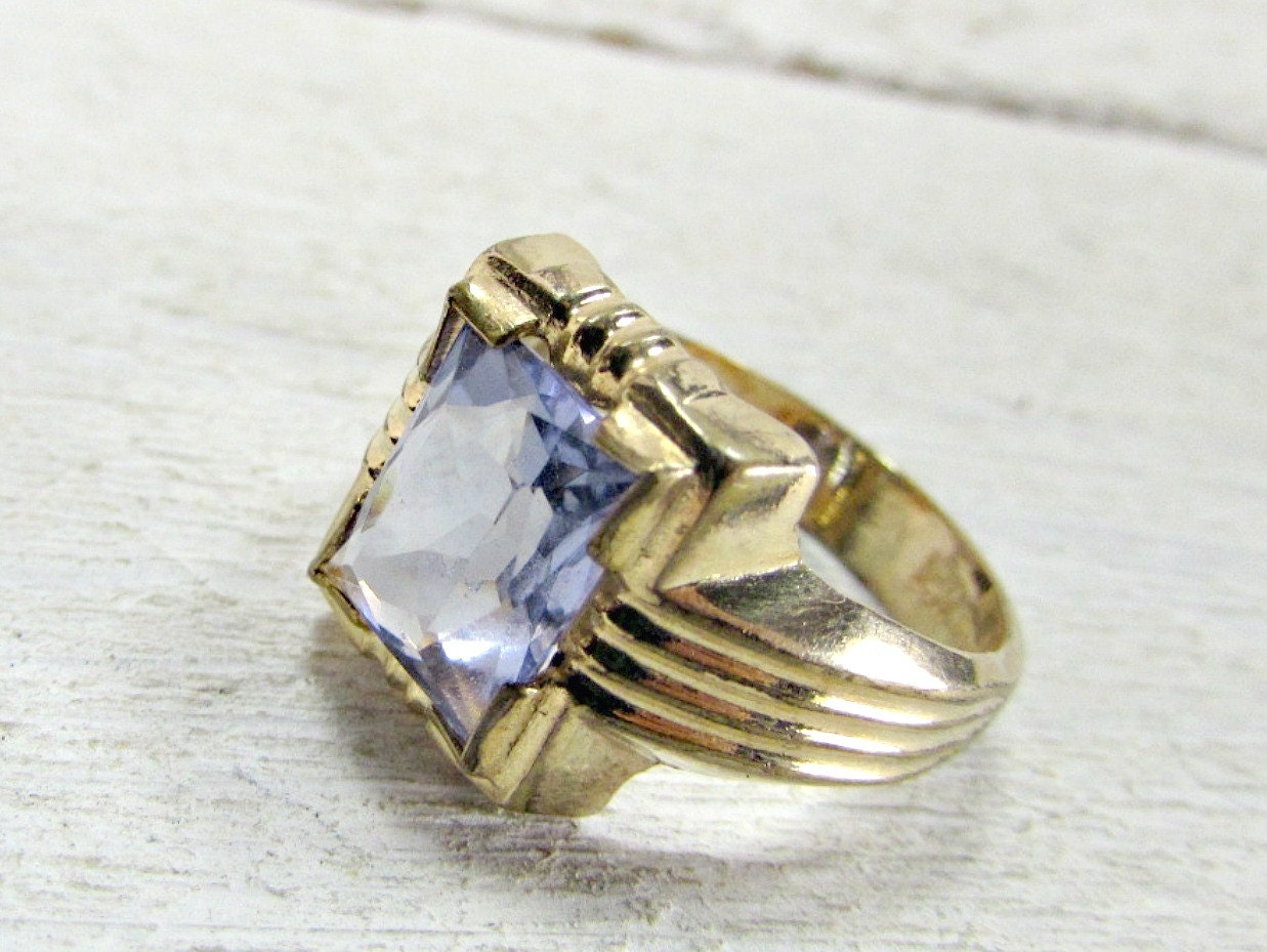 Vintage Mens Gold Pinky Ring Purple Amethyst Glass Ring 14K