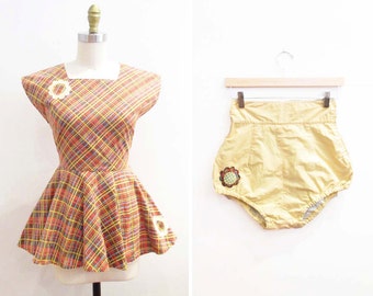 Vintage 1940s Playsuit | Colorful Plaid Striped Floral 1940s Playsuit Top and Bloomers | size small