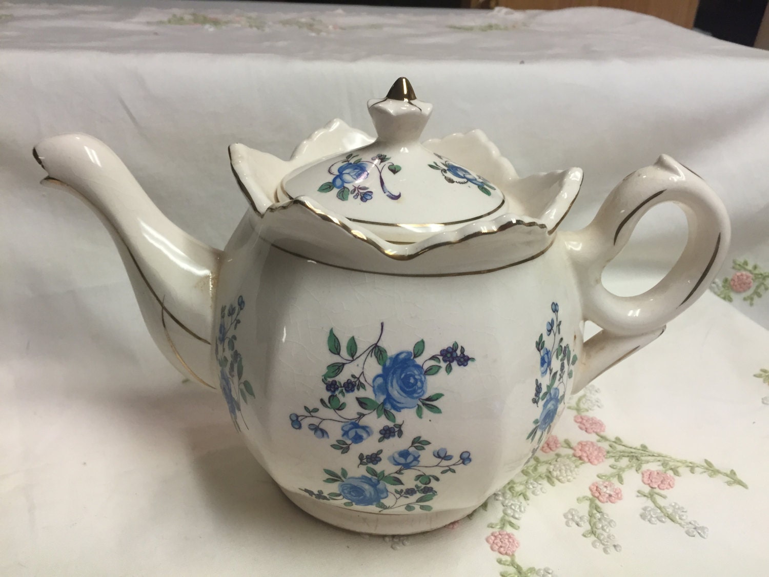 Blue White Teapot Vintage Made in Japan Unique Crimped Collar