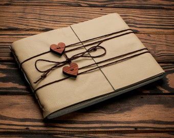 Leather Cream Journal or Leather Sketchbook, Dual Heart Closure, Large Sized, Beige Leather Handbound Photo Album
