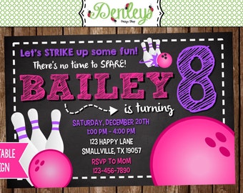 Bowling Birthday Invitation, Girl Bowling Invitation, Girl Bowl Party, Bowling Invite, Pink Bowling (BO03)