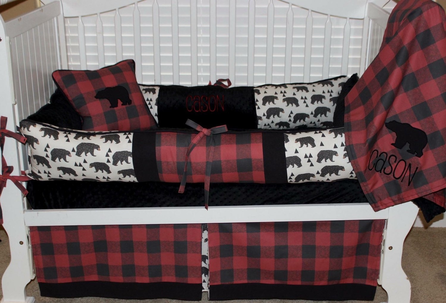 Custom baby bedding 6 pc set woodland lodge style nursery