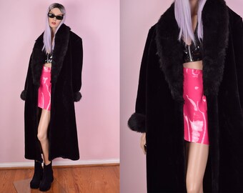 80 Black Faux Fur Coat/ One size/ 1980s/ Plush/ Shaggy Trim/ Jacket