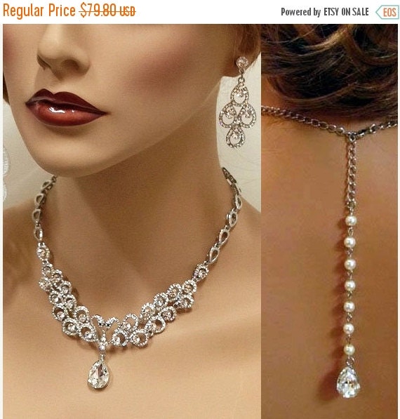 Wedding Jewelry Set Bridal Back Drop Bib Necklace And Earrings Vintage Inspired Crystal Pearl